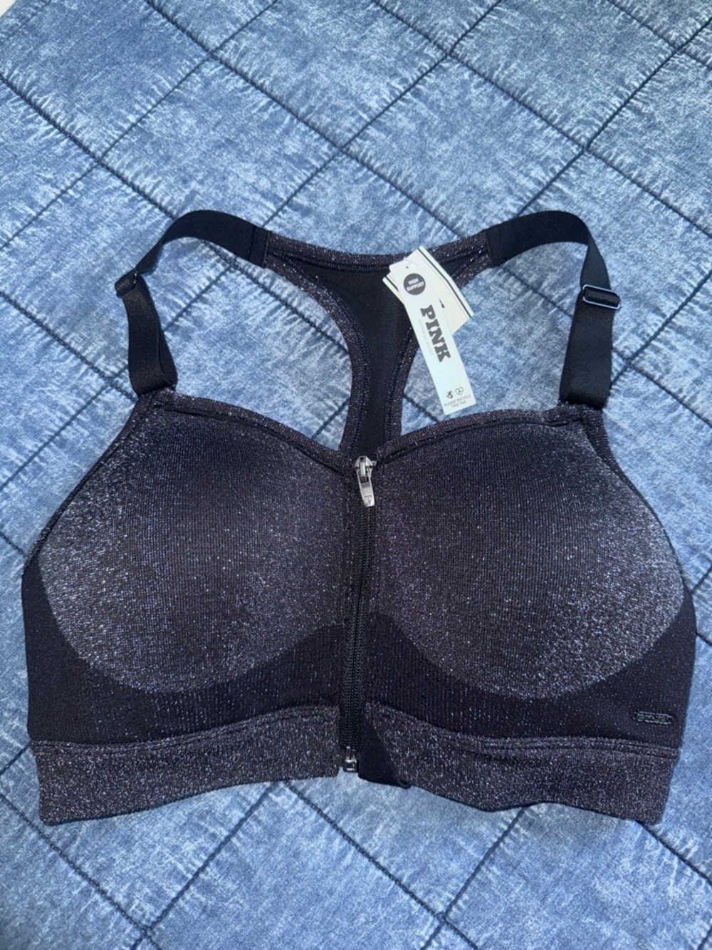 PINK Victoria's Secret Front-Zip Racerback Sports Bra in Shimmer Black size M